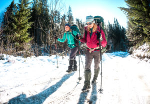 Two women in a winter hike. Girlfriends with trekking poles are on a snow covered mountain path. Girls with backpacks and snowshoes travel together. Friends walk on a sunny day through the fir forest.